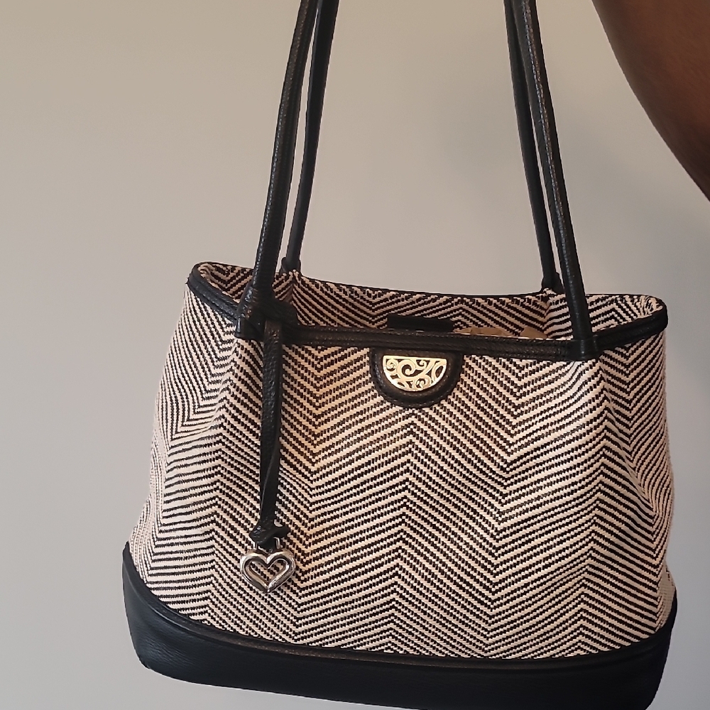 Brighton Black & White Pretty Tough CALA Tote Herringbone Fabric & Leather